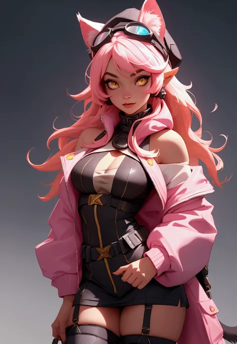 envision a 8k, highres, cinematic, beautiful close up portrait of a curvy woman named Raora Panthera with white animal ears, tail, yellow eyes, pink hair, goggles, hat, open jacket, off shoulder, thigh straps, thighhighs, against a dark background