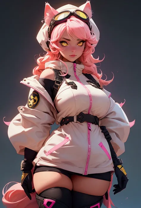 envision a 8k, highres, cinematic, beautiful close up portrait of a curvy woman named Raora Panthera with white animal ears, tail, yellow eyes, pink hair, goggles, hat, open jacket, off shoulder, thigh straps, thighhighs, against a dark background