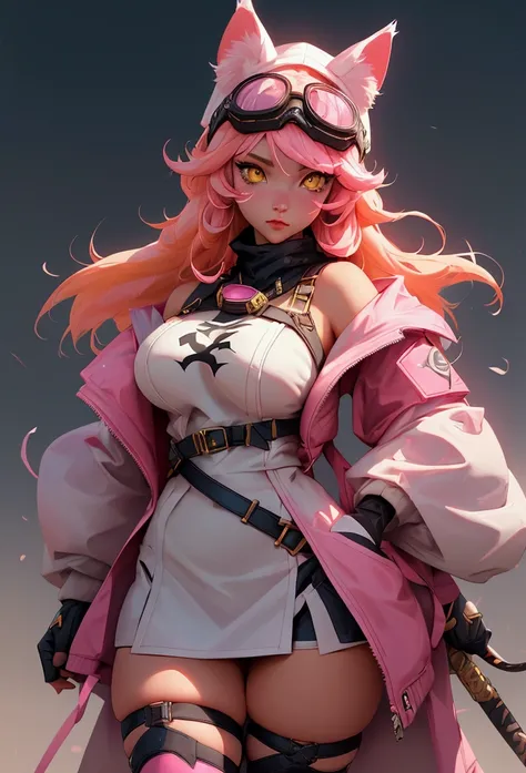 envision a 8k, highres, cinematic, beautiful close up portrait of a curvy woman named Raora Panthera with white animal ears, tail, yellow eyes, pink hair, goggles, hat, open jacket, off shoulder, thigh straps, thighhighs, against a dark background