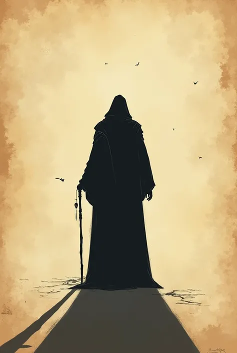 Simple 2d shadow of an archmage from behind. Just the silhouette. Old paper style background.