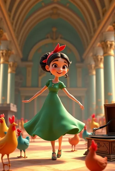 a  , green dress, red ribbon on your hair, eyes browns, dancing in a large hall next to a record player and several colorful chickens, 3D cartoon style, cinematic