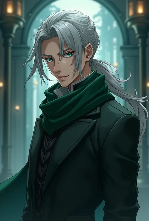 anime oc man with long silver hair, tied hairstyle and green eyes, wearing an overcoat with a dark green scarf