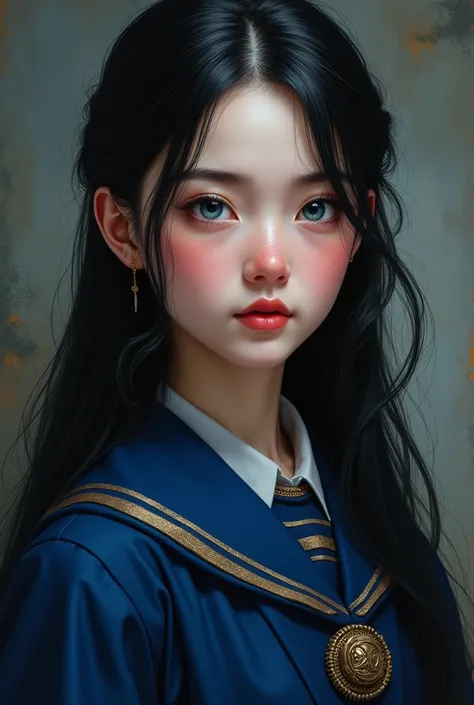 she has a rosy complexion, a diamond shaped face, a trumpet nose, blue-gray almond-shaped eyes, long black hair half tied, full lips and she wears a ravenclaw uniform