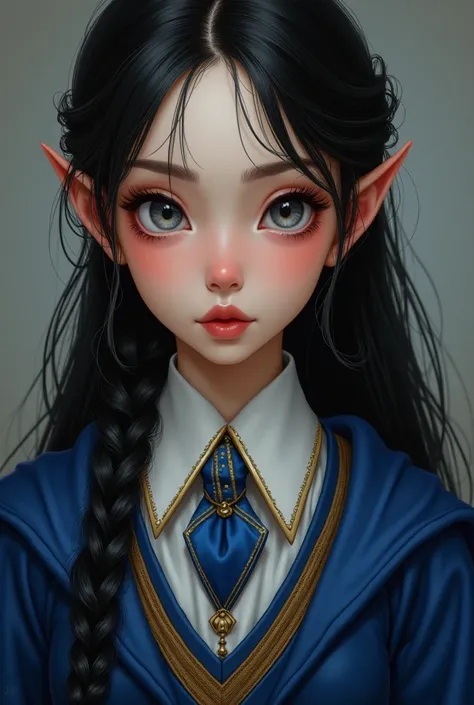 she has a rosy complexion, a diamond shaped face, a trumpet nose, blue-gray almond-shaped eyes, long black hair half tied, full lips and she wears a ravenclaw uniform