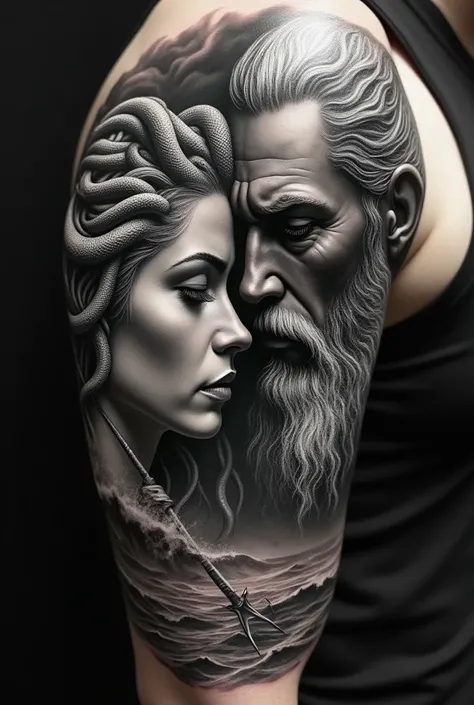 Generate arm tattoo of Medusa and Poseidon in grayscale realism
