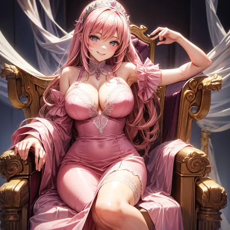 1 female　Lady　Smiling Kindly　Pink Dress　Headband　Big Breasts　stockings　Sitting on the throne