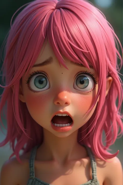 Girl with scared face and pink hair, tanned skin 