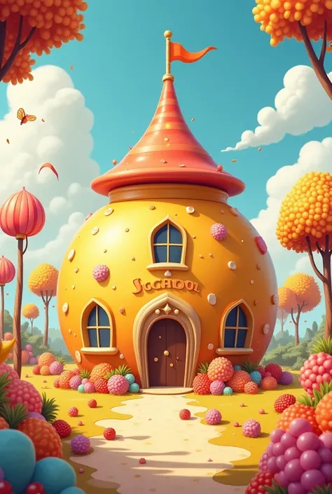 Generate an Illustration of a School with a Honey Pot Structure,  and playful . With berries scattered, lollipop and candy trees, without children or other additional elements.