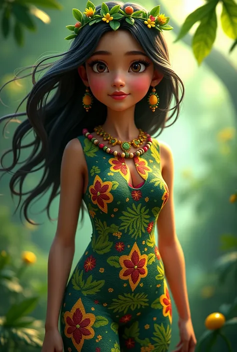 Create the image of a girl wearing the clothing of the Peruvian jungle representing the Aguaje Ungurahui tree that is animated and colorful with her full body.
