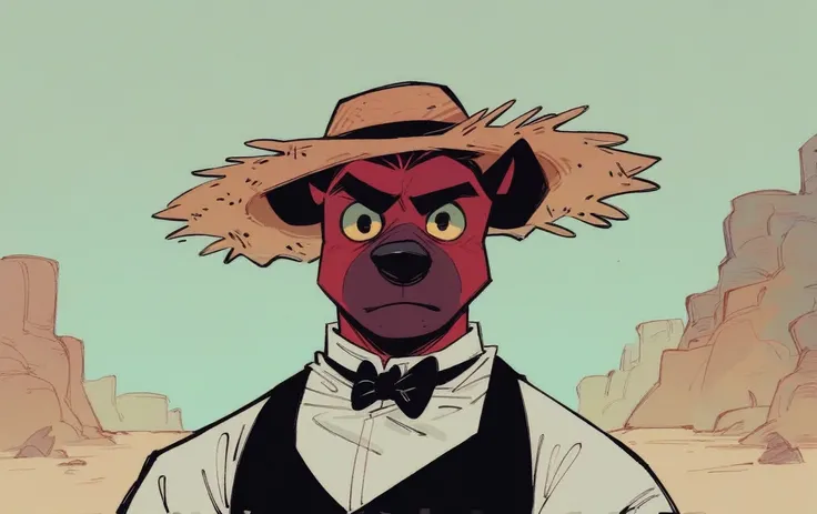 score_9, score_8_up, Hardy Har Har, Hanna-Barbera Style, 1Hyena, charcoal Red skin, Circle Eye, Long Square Eyebrows, Purple Straw Hat, White collar, Black Bow Tie, standing, looking at viewer, desert