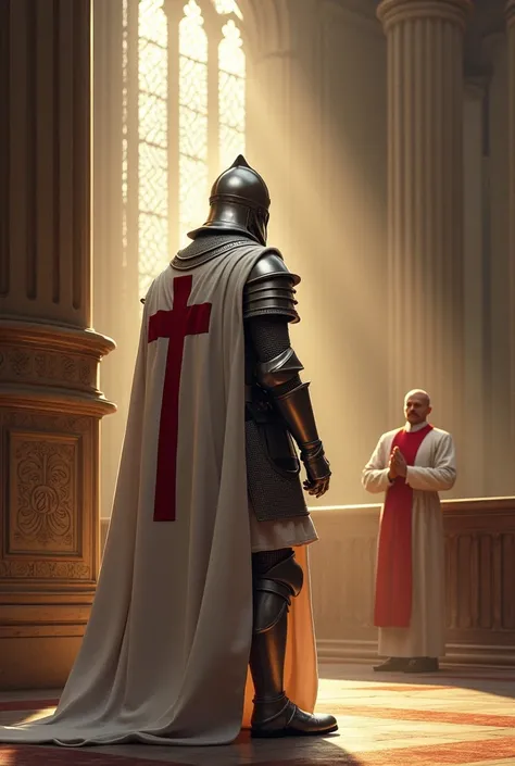 A Templar knight with a white helmet and cape with a red cross inside a church next to a window. Rays of light come in through the window as the knight looks at the priest on stage