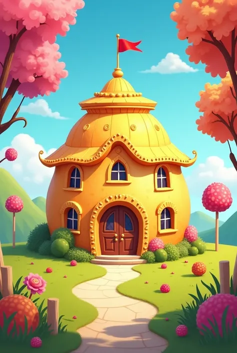 Generate an Illustration of a School in the Shape of a Honey Pot,  and playful . With berries scattered, lollipop and candy trees, without children or other additional elements. 