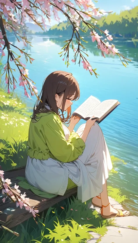 Girl reading a book by the lake, Bright colors, spring, Willow Branch, comfortable, Warm sunshine