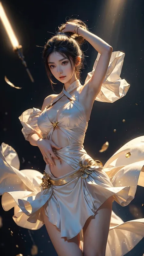 shining star,A beautiful oriental girl,Single ponytail,Dragon Horn,Big breasts,thin waist,white skin,Perfect proportion,Wearing a dance dress,8k,The focus of the audience,Lighting effects,Super details,