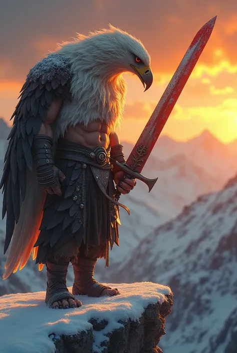 Fantasy-style digital artwork featuring a muscular warrior with long blonde hair and fair skin, standing on a snowy mountain ledge. The warrior is dressed in fur and leather armor adorned with skull motifs, holding a large, blood-stained sword. Behind him,...