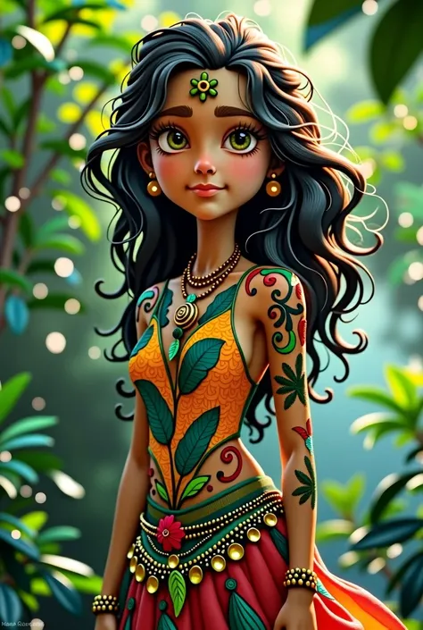 Create the image of a girl wearing the clothing of the Peruvian jungle representing the Aguaje Ungurahui tree that is animated and colorful with her full body.
