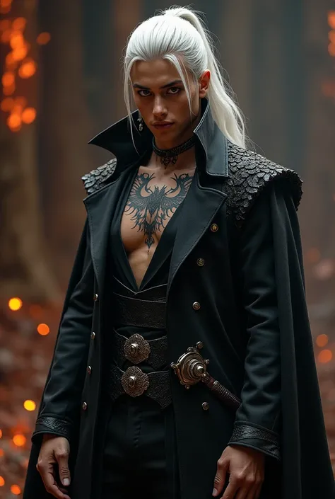 Create a handsome and attractive young prince of hell wearing a black body jacket, long white hair tied in a ponytail with some loose strands Having some demonic tattoos and a sword