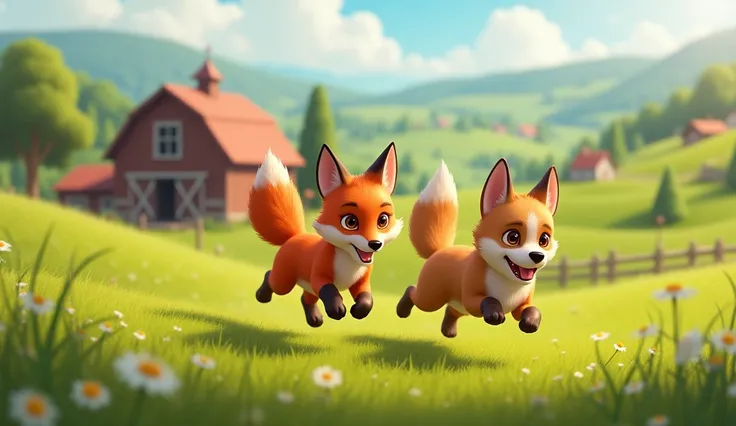 Little fox running with the dog on the farm