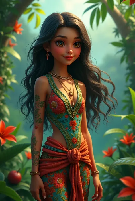 Create the image of a girl wearing the clothing of the Peruvian jungle representing the Aguaje Ungurahui tree that is animated and colorful with her full body.