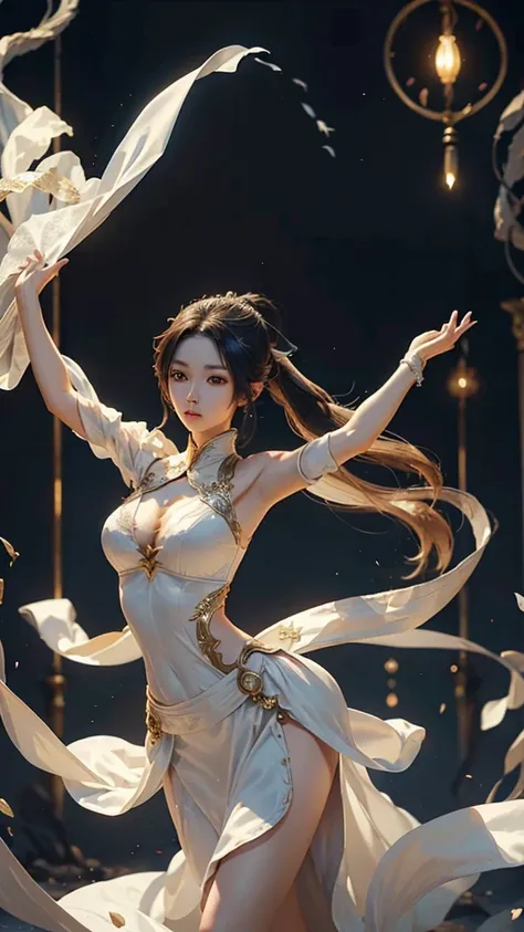 shining star,A beautiful oriental girl,Single ponytail,Dragon Horn,Big breasts,thin waist,white skin,Perfect proportion,Wearing a dance dress,8k,The focus of the audience,Lighting effects,Super details,