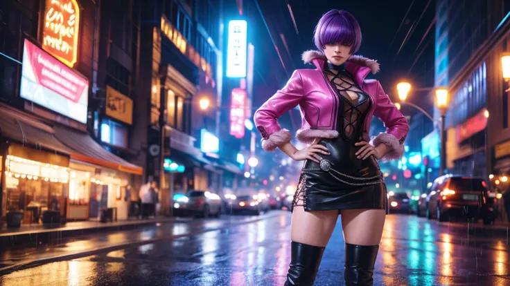 (at night), alone, in a video game scene a background of a beautiful city during the day raining, standing at attention, purple hair, ((purple hair)), 1 girl, alone, 20 years old, young woman, perfect hands , beautiful and perfect symmetrical fingers, beau...