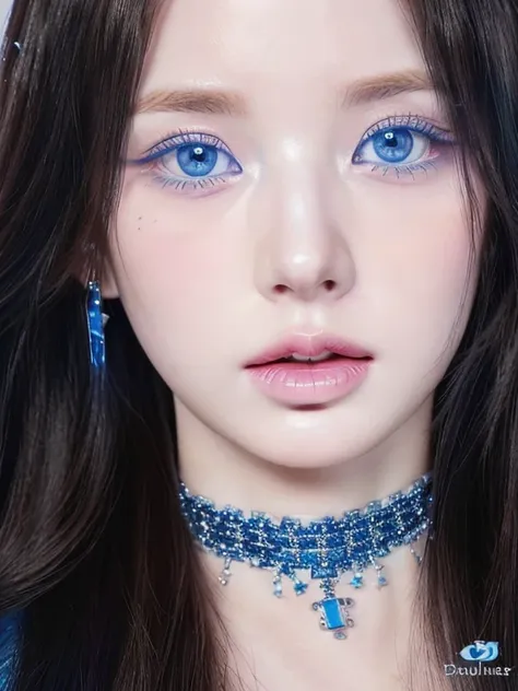 a close-up of a woman wearing a blue choker and necklace, light piercing blue eyes, piercing blue eyes, pale porcelain white ski...