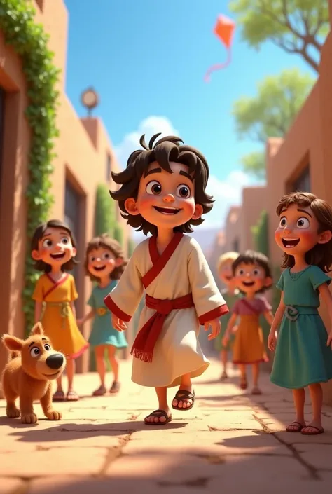 A 3D movie poster in Disney-Pixar style of Jesus as a  boy playing with his friends

