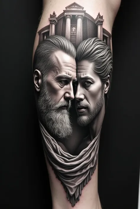 Generate tattoo on arm about historical characters from Greek mythology, in grayscale realism