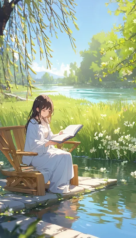 Girl reading a book by the lake, Bright colors, spring, Willow Branch, comfortable, Warm sunshine