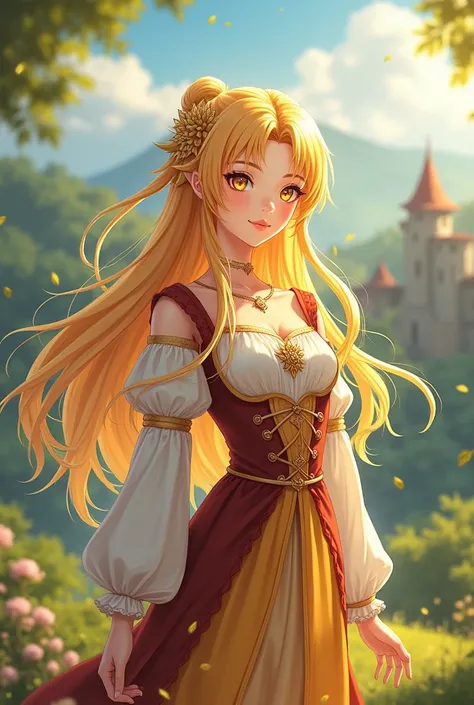 anime oc, woman with long, loose golden hair, honey-colored eyes, medieval clothing