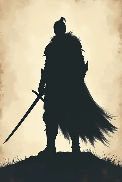 Simple 2d shadow of a warrior. Just the silhouette. Light old paper style background.