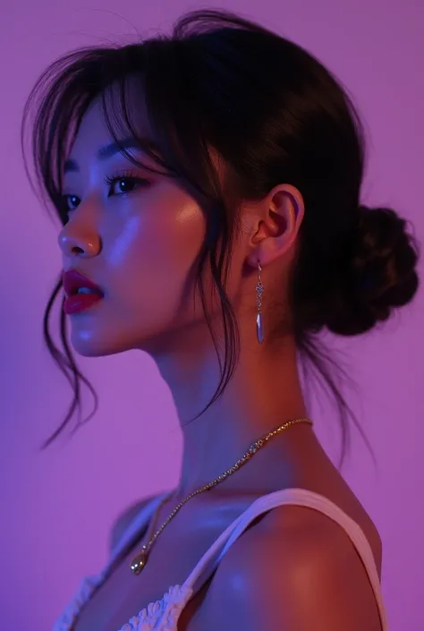 Pretty Asian Woman, Side view, High Fashion, Purple Vibe, Emotional