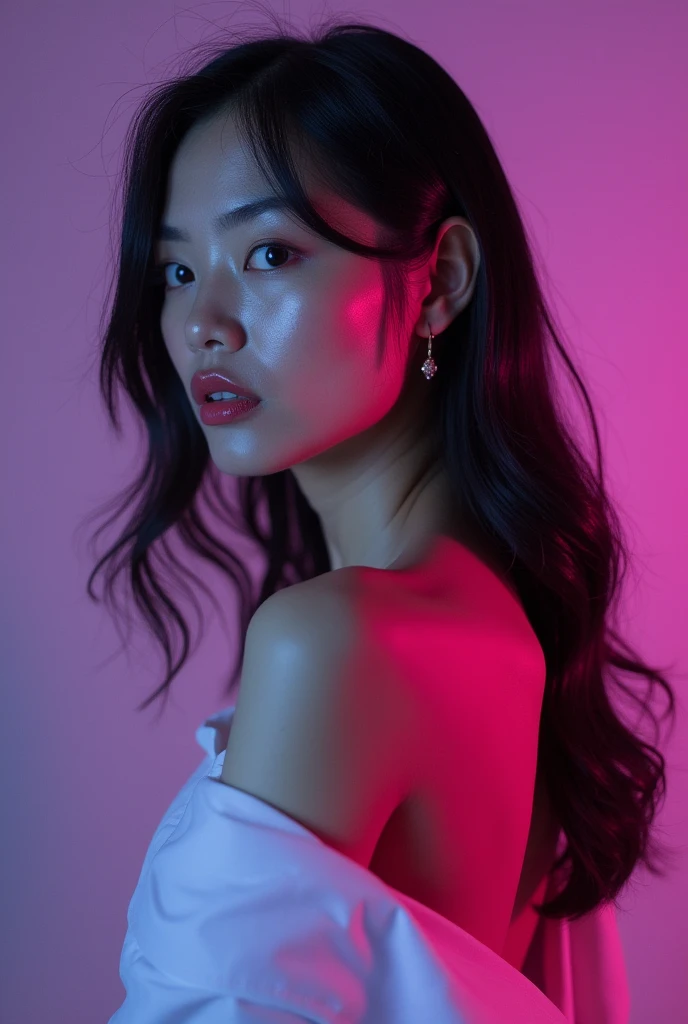 Pretty Asian Woman, Side view, High Fashion, Purple Vibe, Emotional