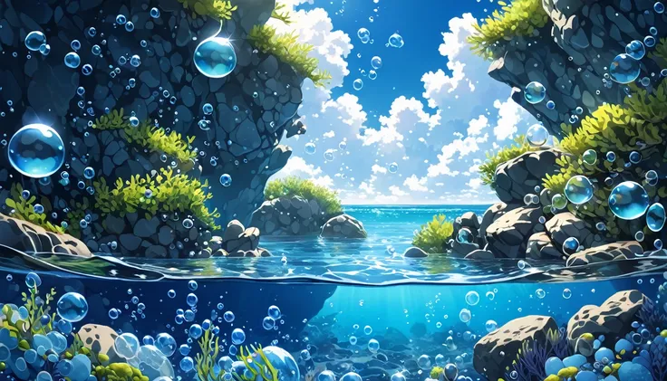 Background, blue theme, bubbles, seaweed, rocks, high details, high quality, HD, retina