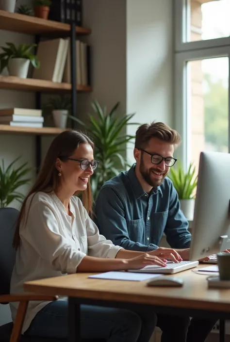 man and woman couple working as programmers side by side home office happy with pc 