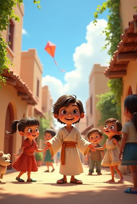 A 3D movie poster in Disney-Pixar style of Jesus as a  boy playing with his friends

