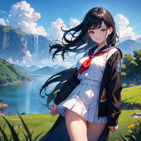 1girl, beautiful young girl, sailor suit, pleated skirt, long black hair, smiling, dynamic pose, rural scenic landscape, blue sky, cumulonimbus clouds, (best quality,4k,8k,highres,masterpiece:1.2),ultra-detailed,(realistic,photorealistic,photo-realistic:1....