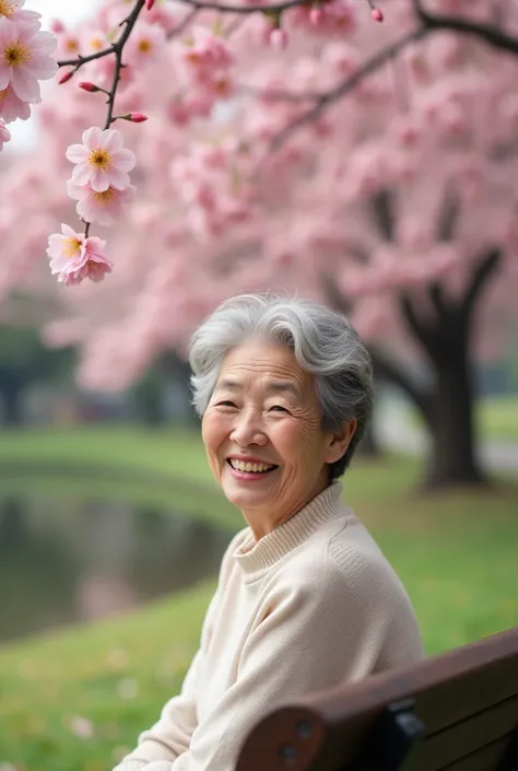 Senior Korean woman turning to camera smiling, sitting on a park bench, The park has cherry trees and a small lake, that the cherry trees look big 