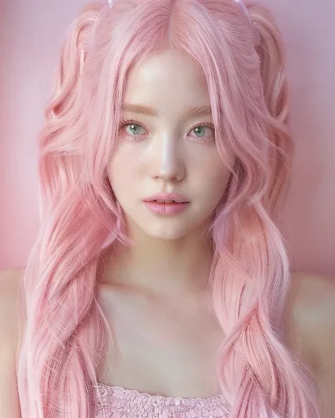 a closeup of a woman with pink hair and a pink dress, pastel pink skin tone, pink girl, bubblegum hair, long bubblegum hair, thi...