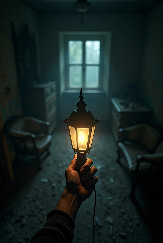 abandoned mansion, FIRST PERSON POINT of an arm holding a lamp in its hand, Inside the mansion 