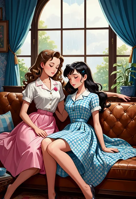 Create an idyllic image in anime style of two women in love, one is a beautiful Asian with long black hair, who is dressed in a white shirt and a pink skirt in the 50s style; she is lying down sleeping on an elegant brown leather sofa and has her feet cove...