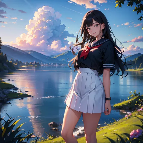 1girl, beautiful young girl, sailor suit, pleated skirt, long black hair, smiling, dynamic pose, rural scenic landscape, blue sky, cumulonimbus clouds, (best quality,4k,8k,highres,masterpiece:1.2),ultra-detailed,(realistic,photorealistic,photo-realistic:1....