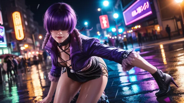 (at night), alone, in a video game scene a background of a beautiful city during the day raining, standing at attention, purple hair, ((purple hair)), 1 girl, alone, 20 years old, young woman, perfect hands , beautiful and perfect symmetrical fingers, beau...