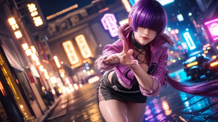 (at night), alone, in a video game scene a background of a beautiful city during the day raining, standing at attention, purple hair, ((purple hair)), 1 girl, alone, 20 years old, young woman, perfect hands , beautiful and perfect symmetrical fingers, beau...