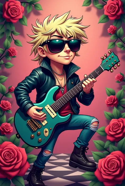 Cartoon chess pawn with rockstar clothes, messy hair, sunglasses and electric guitar surrounded by roses. Let the character retain the shape of a pawn 