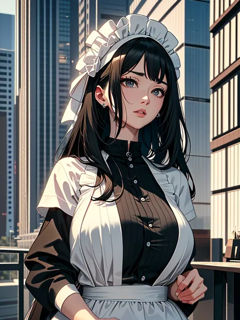 Masterpiece、High resolution、Detailed expression、(Huge beauty:1.3)、Natural Fingers、Black Hair、18 meters tall、Married Woman、apron、Troubled face、Comparison with high-rise buildings