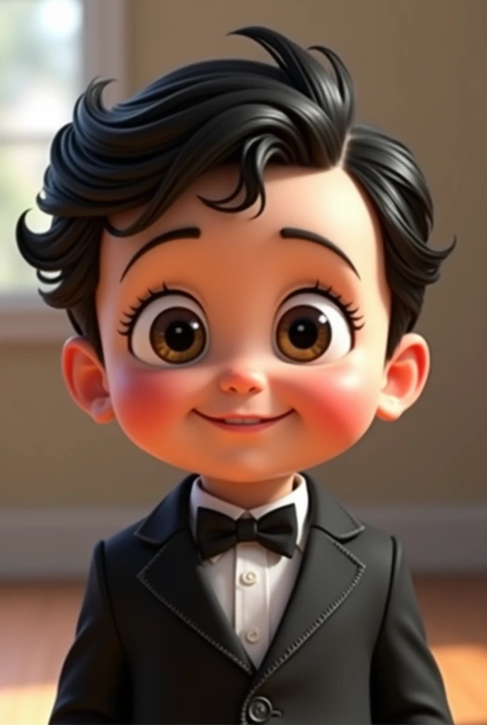 Image of a baby dressed in a suit, small brown spot on the left cheek, wavy black hair, Pixar 3d