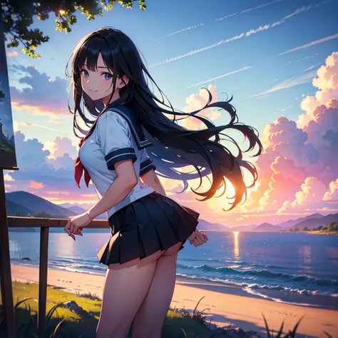 1girl, beautiful young girl, sailor suit, pleated skirt, long black hair, smiling, dynamic pose, rural scenic landscape, blue sky, cumulonimbus clouds, (best quality,4k,8k,highres,masterpiece:1.2),ultra-detailed,(realistic,photorealistic,photo-realistic:1....