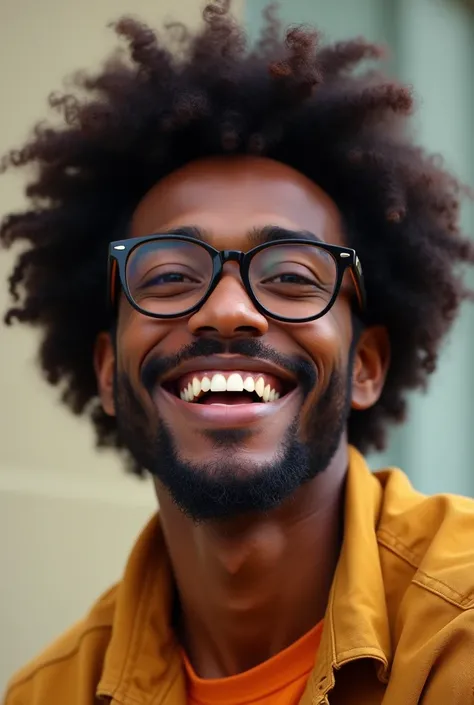  A black man with glasses, glad, coily hair