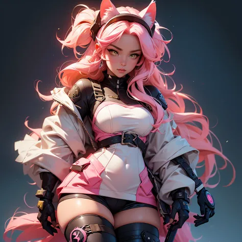 envision a 8k, highres, cinematic, beautiful close up portrait of a curvy woman named Raora Panthera with white animal ears, tail, yellow eyes, pink hair, goggles, hat, open jacket, off shoulder, thigh straps, thighhighs, against a dark background